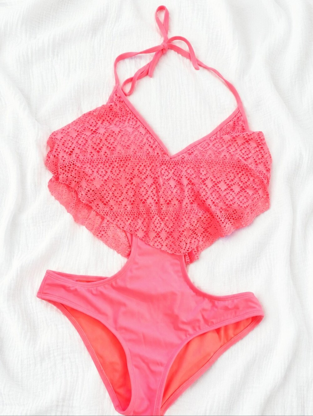 La Hearts Neon Coral Halter One-Piece Swim
